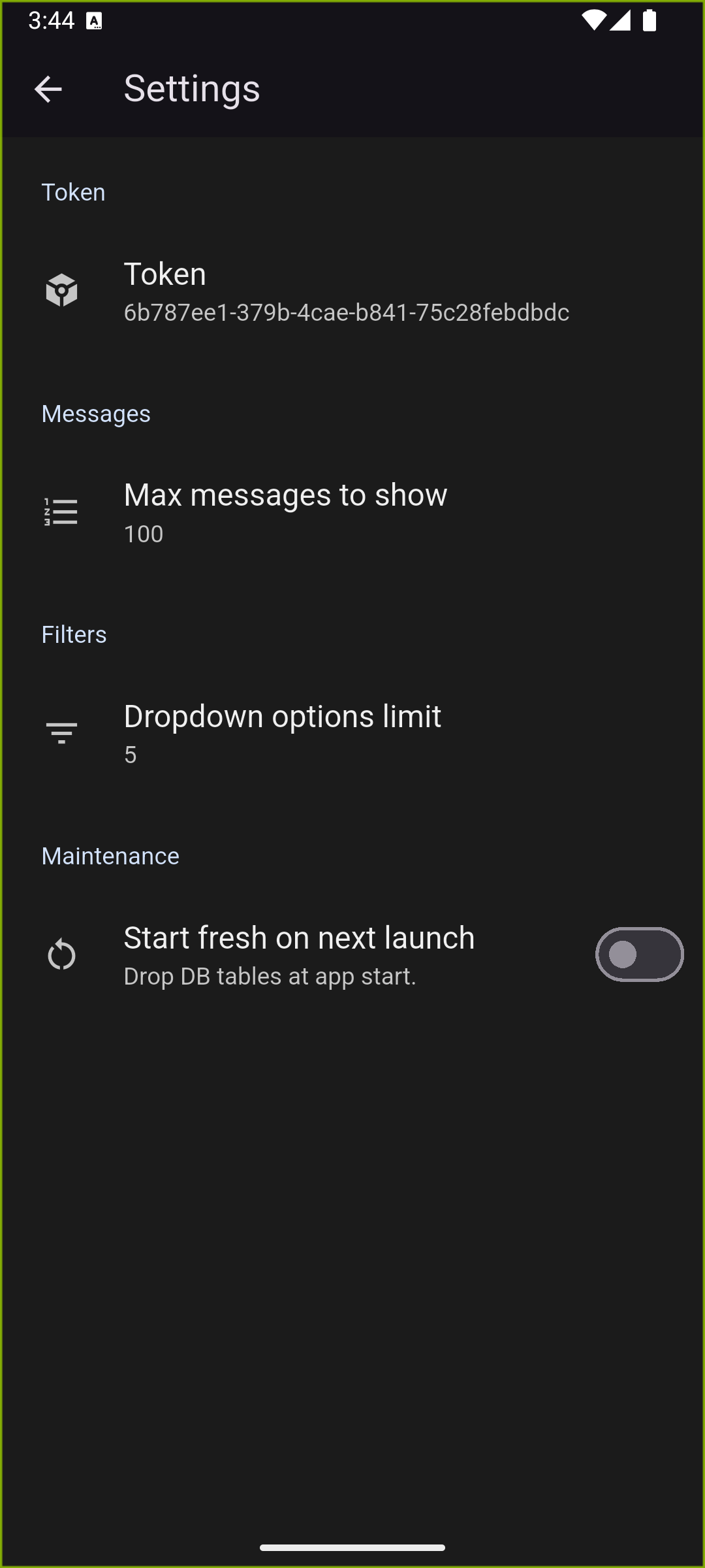 Token entry inside the Settings view with share, copy, and edit options
